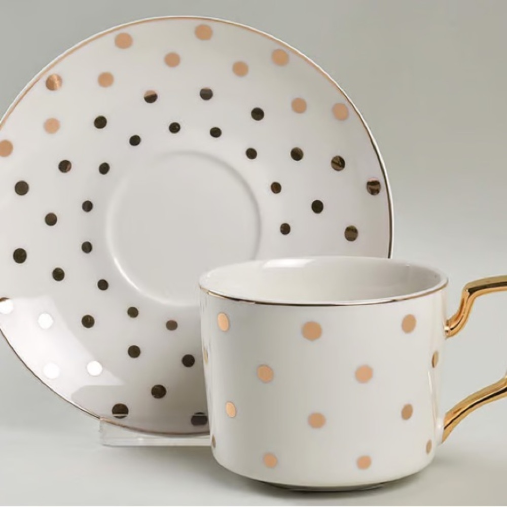 Flat Cup & Saucer Set- Gold polka dot